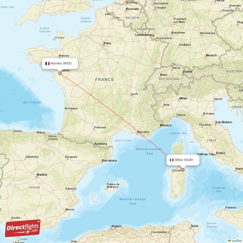 Olbia - Nantes direct flight map