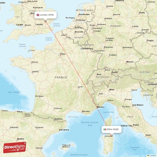 Olbia - London direct flight map