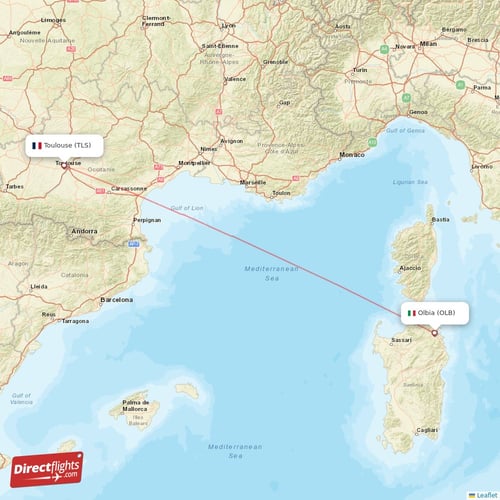 Olbia - Toulouse direct flight map