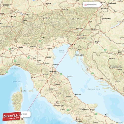 Olbia - Vienna direct flight map