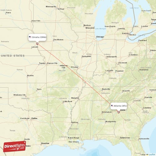 Omaha - Atlanta direct flight map