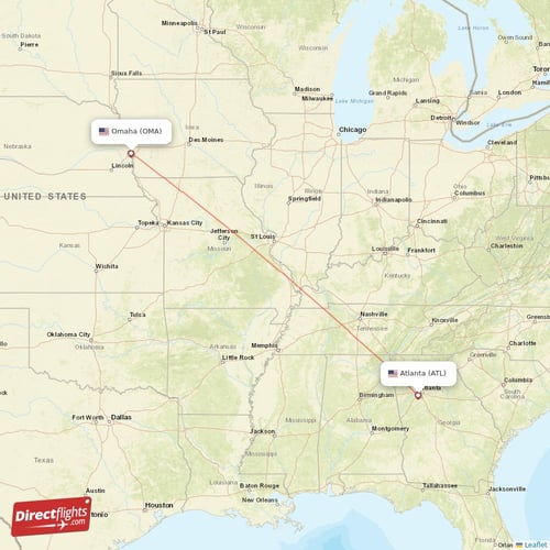 Omaha - Atlanta direct flight map