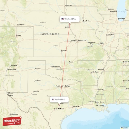 Omaha - Austin direct flight map