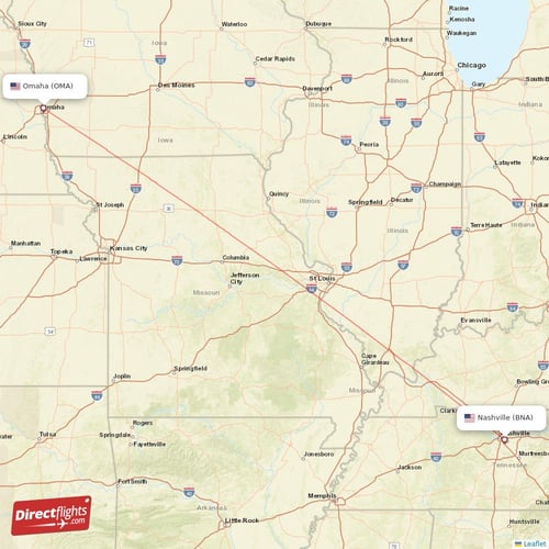 Omaha - Nashville direct flight map