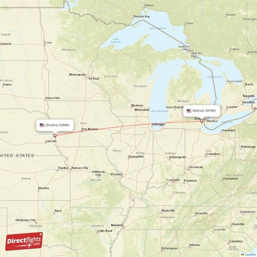 Omaha - Detroit direct flight map
