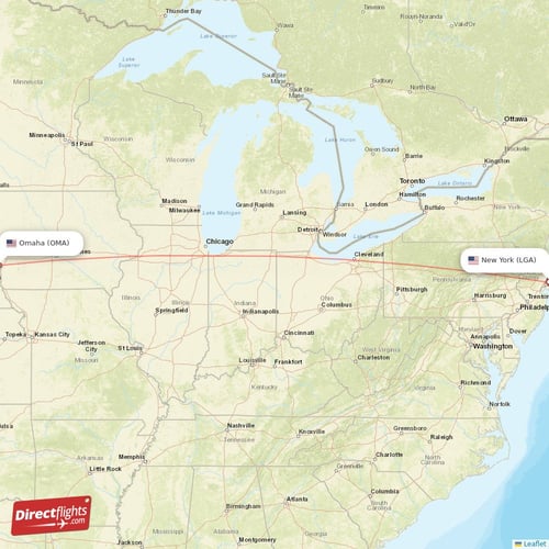 Omaha - New York direct flight map