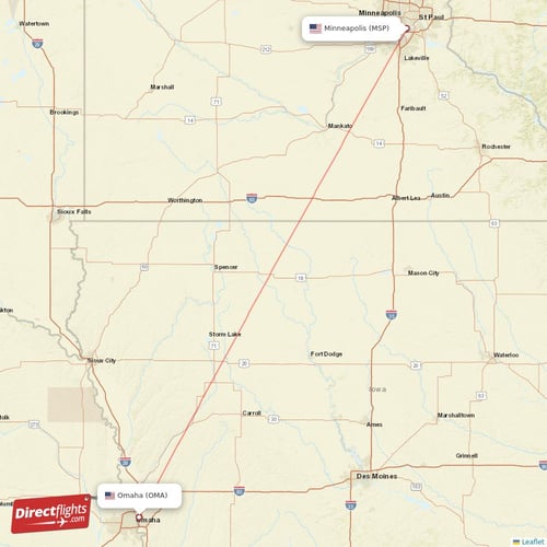 Omaha - Minneapolis direct flight map