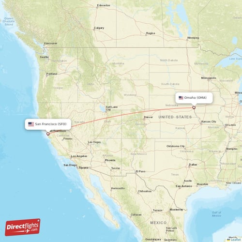Omaha - San Francisco direct flight map