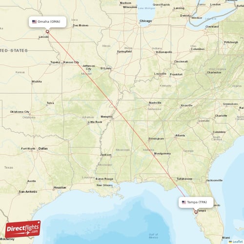 Omaha - Tampa direct flight map