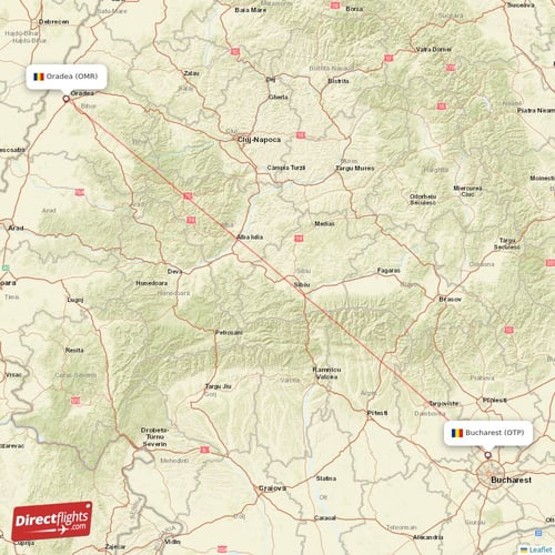 Oradea - Bucharest direct flight map