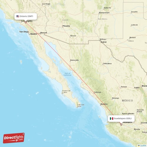 Ontario - Guadalajara direct flight map