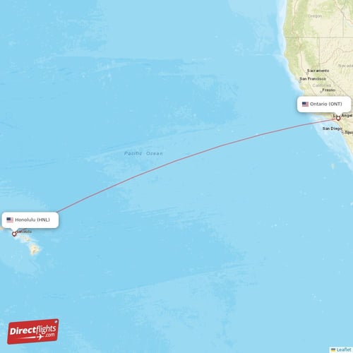Ontario - Honolulu direct flight map