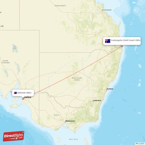 Coolangatta (Gold Coast) - Adelaide direct flight map