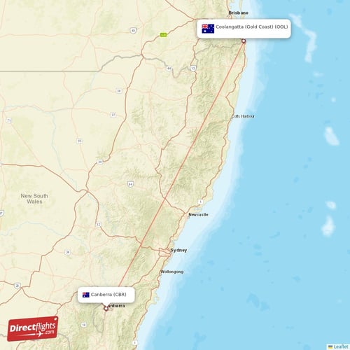 Coolangatta (Gold Coast) - Canberra direct flight map