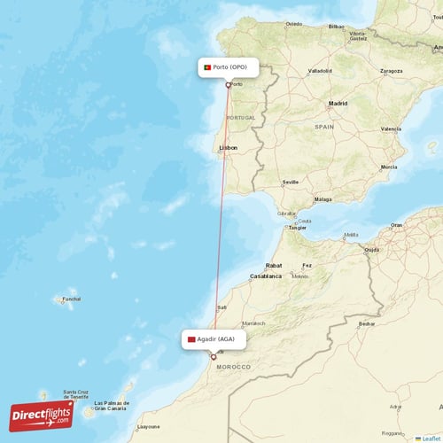 Porto - Agadir direct flight map