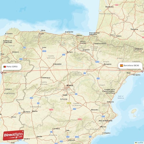 Porto - Barcelona direct flight map