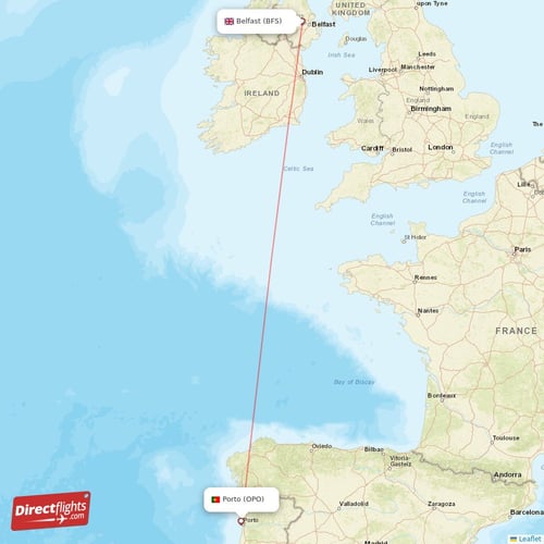 Porto - Belfast direct flight map