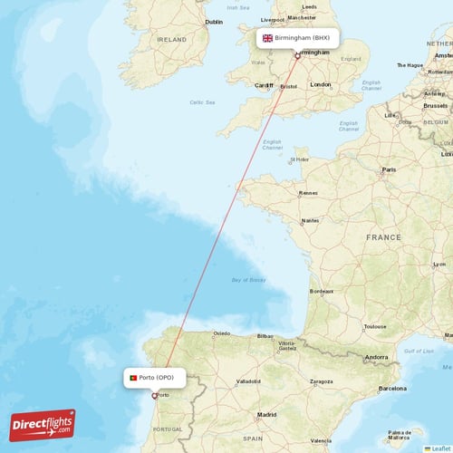 Porto - Birmingham direct flight map