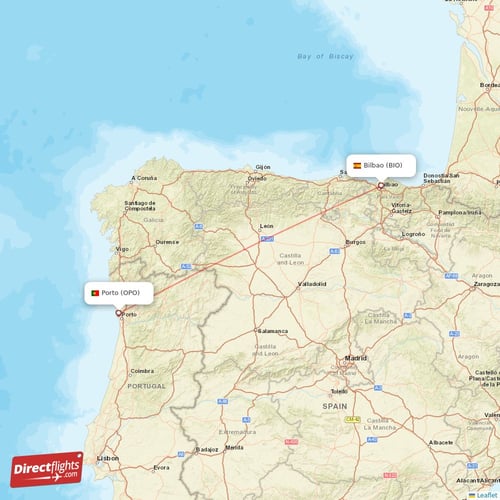 Porto - Bilbao direct flight map