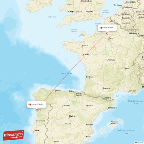 Porto - Paris direct flight map