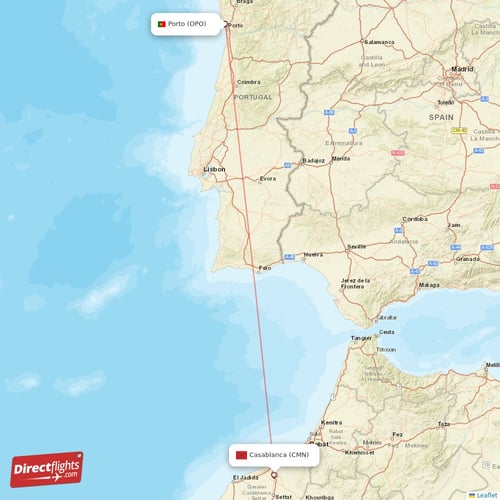 Porto - Casablanca direct flight map