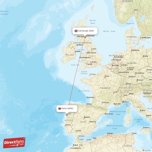 Porto - Edinburgh direct flight map