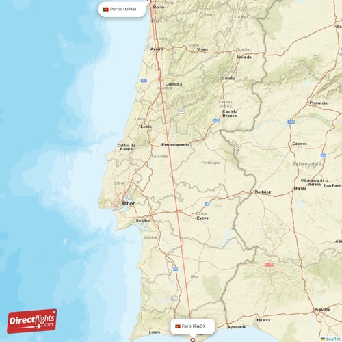 Porto - Faro direct flight map