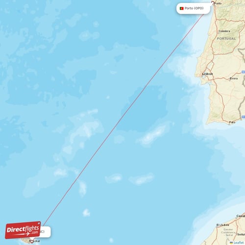 Porto - Funchal direct flight map