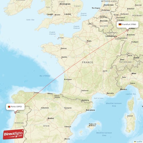 Porto - Frankfurt direct flight map