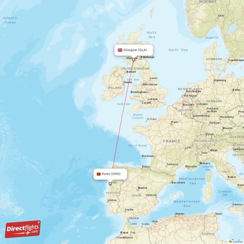 Porto - Glasgow direct flight map