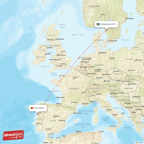 Porto - Gothenburg direct flight map
