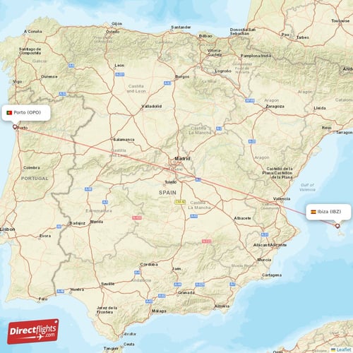 Porto - Ibiza direct flight map