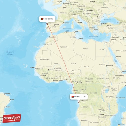 Porto - Luanda direct flight map