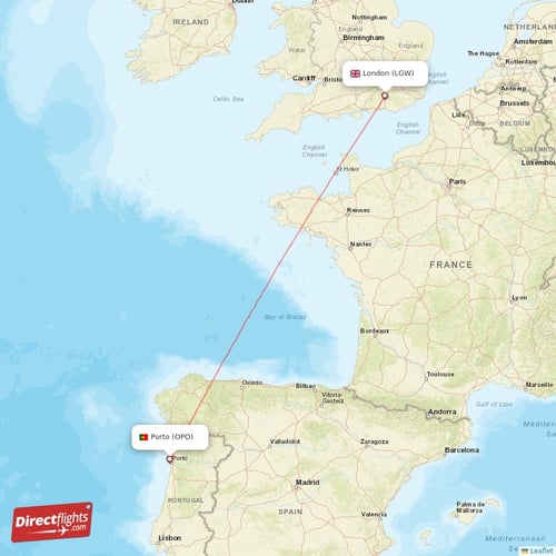 Porto - London direct flight map
