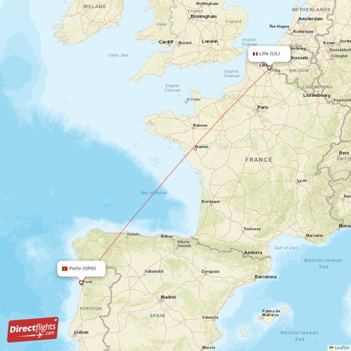 Porto - Lille direct flight map