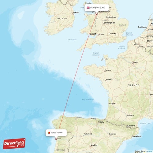 Porto - Liverpool direct flight map