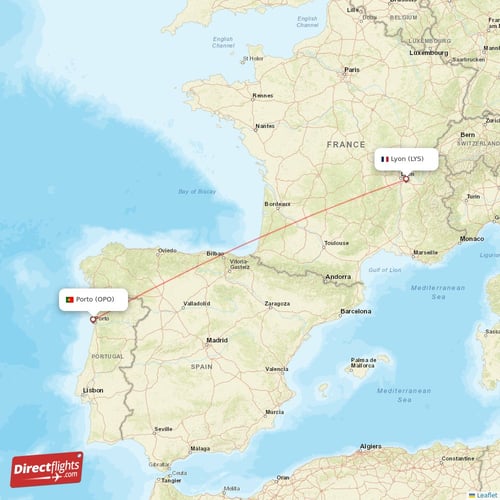 Porto - Lyon direct flight map