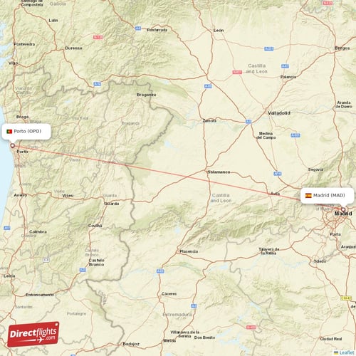 Porto - Madrid direct flight map