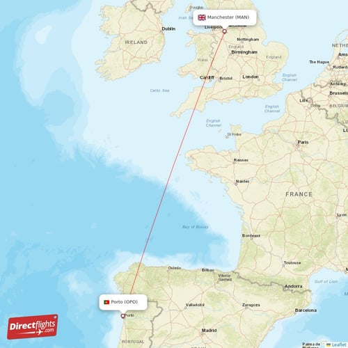 Porto - Manchester direct flight map