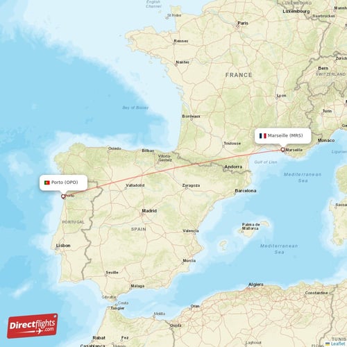 Porto - Marseille direct flight map