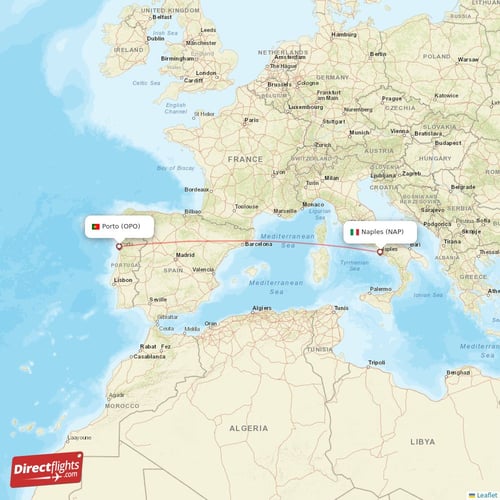 Porto - Naples direct flight map