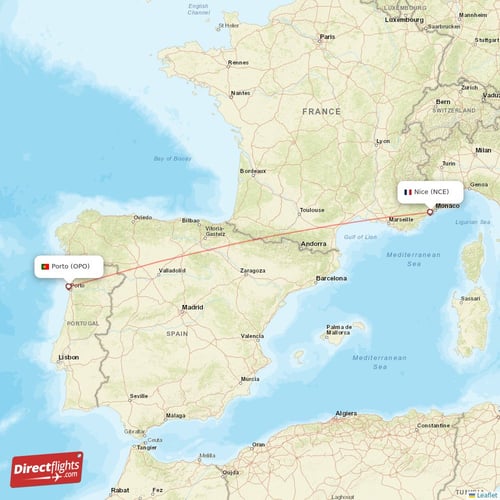 Porto - Nice direct flight map