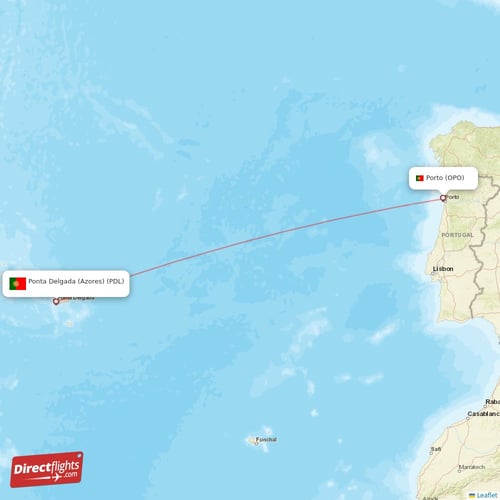 Porto - Ponta Delgada (Azores) direct flight map