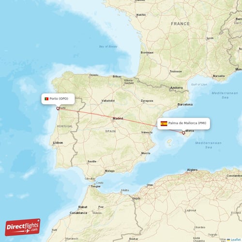 Porto - Palma de Mallorca direct flight map
