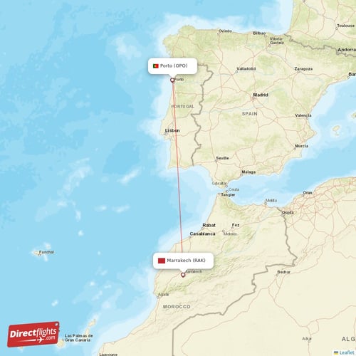 Porto - Marrakech direct flight map
