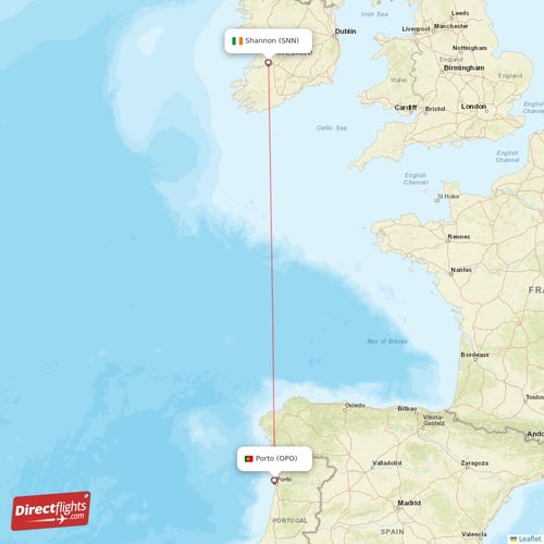Porto - Shannon direct flight map