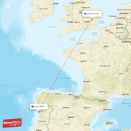 Porto - London direct flight map