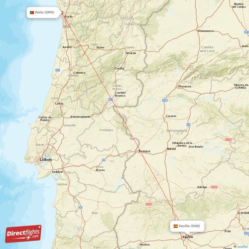Porto - Sevilla direct flight map