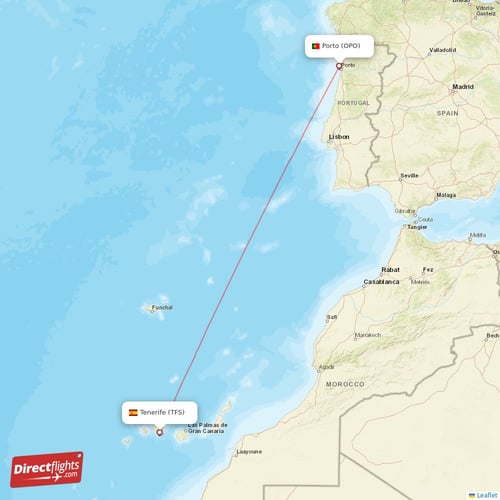 Porto - Tenerife direct flight map