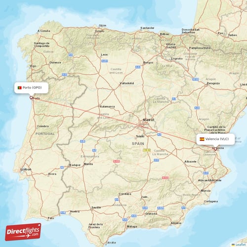 Porto - Valencia direct flight map